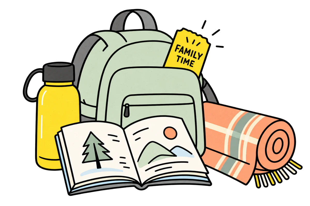 A family backpack with a water bottle, an open nature book, a picnic blanket and a family time ticket